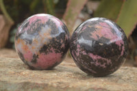 Polished  Pink & Black Rhodonite Spheres x 2 From Madagascar