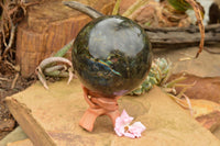 Polished Extra Large Labradorite Sphere & Palisandre Rose Wood Stand  x 1 From Tulear, Madagascar - TopRock