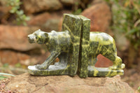 Polished Leopard Stone Lioness Book End Carvings  x 2 From Zimbabwe - TopRock