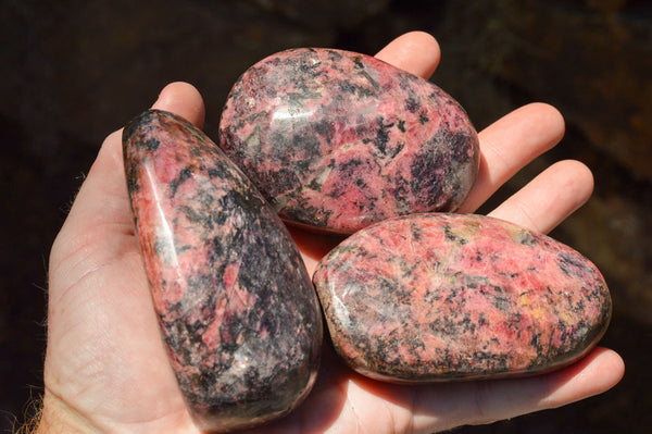 Polished Pink & Black Rhodonite Palm Stone Free Forms  x 6 From Zimbabwe - TopRock