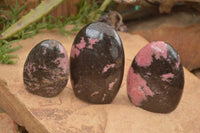 Polished  Pink & Black Rhodonite Standing Free Forms x 3 From Madagascar