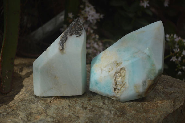 Polished Rare Blue Smithsonite Aragonite Standing Free Forms x 2 From Congo