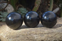 Polished  Schorl Black Tourmaline Spheres x 3 From Madagascar