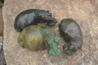 Polished Green Verdite Hippo Carvings x 3 From Zimbabwe