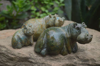 Polished Green Verdite Hippo Carvings  x 3 From Zimbabwe - TopRock