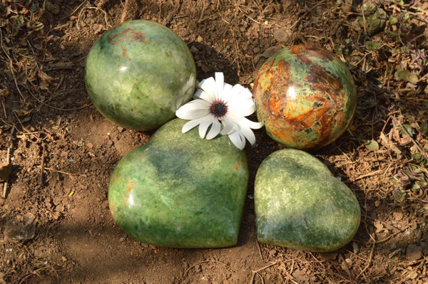 Polished Green Chrysoprase Spheres & Hearts  x 4 From Madagascar - TopRock