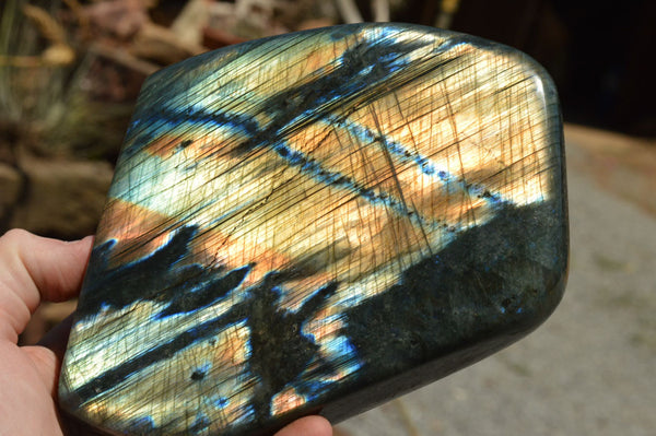 Polished Labradorite Standing Free Forms With Intense Blue & Gold Flash x 2 From Sakoany, Madagascar - TopRock