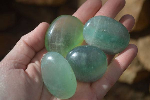 Polished Emerald Fluorite Palm Stones  x 20 From Madagascar