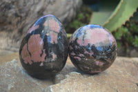 Polished Pink Rhodonite Sphere & Egg x 2 From Madagascar