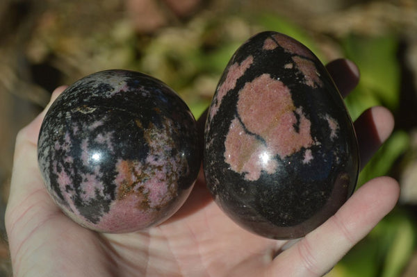 Polished Pink Rhodonite Sphere & Egg x 2 From Madagascar