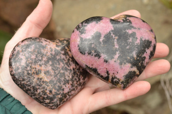 Polished Pink & Black Rhodonite Hearts  x 3 From Ambindavato, Madagascar - TopRock