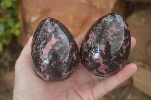 Polished Pink & Black Rhodonite Eggs x 3 From Madagascar