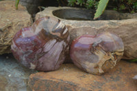 Polished Petrified Red Podocarpus Wood Hearts x 2 From Madagascar - Toprock Gemstones and Minerals 