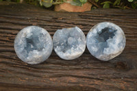 Polished Blue Celestite Geode Spheres  x 3 From Sakoany, Madagascar