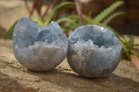 Polished Blue Celestite Geode Spheres  x 3 From Sakoany, Madagascar