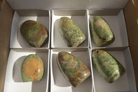 Polished  Green Chrysoprase Standing Free Forms  x 6 From Ambatondrazaka, Madagascar