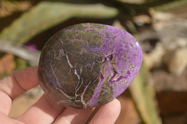 Polished Stichtite & Serpentine Free Forms With Silky Purple Threads x 3 From Barberton, South Africa