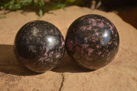 Polished  Pink & Black Rhodonite Spheres x 3 From Madagascar