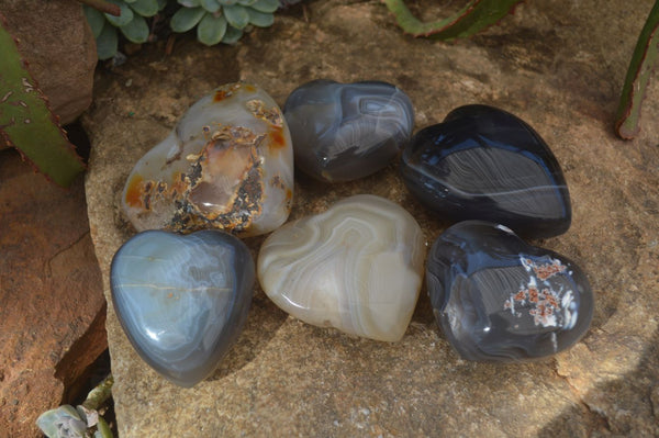 Polished Large Agate Gemstone Hearts x 6 From Madagascar