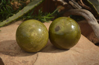 Polished Green Opal Spheres  x 2 From Antsirabe, Madagascar