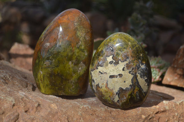 Polished Green Opal Standing Free Forms  x 2 From Madagascar