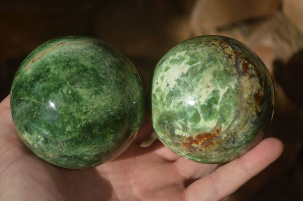 Polished  Green Chrysoprase Spheres  x 3 From Ambatondrazaka, Madagascar