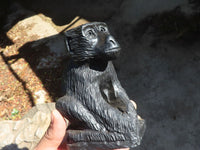 Polished Black Soapstone Baboon Carvings  x 2 From Zimbabwe