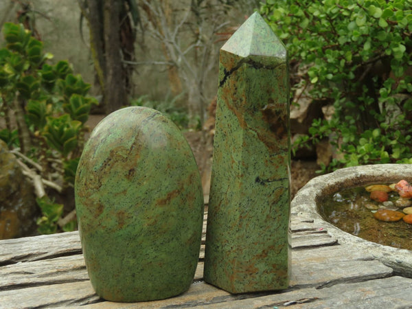 Polished Green Chrysoprase Point & Standing Free Form  x 2 From Madagascar