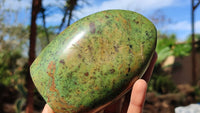 Polished Green Chrysoprase Standing Free Forms  x 3 From Ambatondrazaka, Madagascar