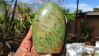 Polished Green Chrysoprase Standing Free Forms  x 3 From Ambatondrazaka, Madagascar