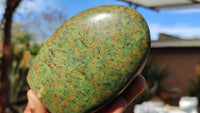 Polished Green Chrysoprase Standing Free Forms  x 3 From Ambatondrazaka, Madagascar