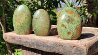 Polished Green Chrysoprase Standing Free Forms  x 3 From Ambatondrazaka, Madagascar