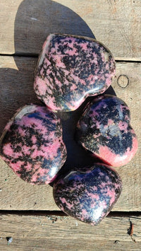 Polished Pink & Black Rhodonite Hearts x 4 From Madagascar