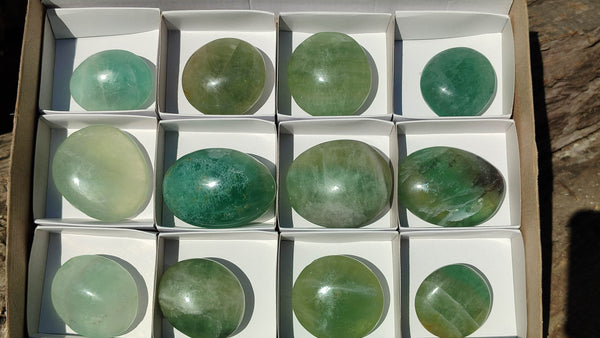 Polished Gemmy Emerald Fluorite Palm Stones  x 12 From Madagascar