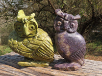 Polished Hand Carved Leopard Stone & Lepidolite Owls  x 2 From Zimbabwe - TopRock