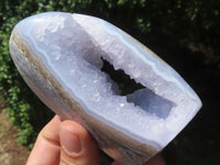 Polished Blue Lace Agate Standing Free Forms With Nice Crystalline Geode Vugs x 6 From Malawi - TopRock