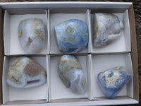 Polished Blue Lace Agate Standing Free Forms With Nice Crystalline Geode Vugs x 6 From Malawi - TopRock