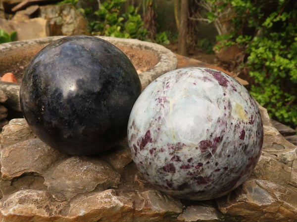 Polished Iolite & Pink Tourmaline Spheres  x 2 From Madagascar