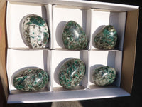 Polished Rare Emerald Mica In Matrix Galet-Palm Stones x 6 From Mutoko, Zimbabwe