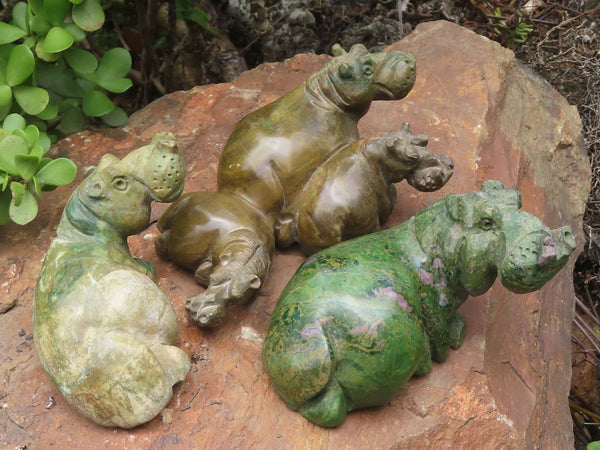 Polished Green Verdite Hippo Carvings  x 3 From Zimbabwe - TopRock