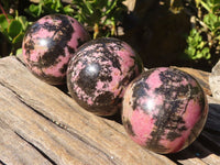 Polished Pink & Black Rhodonite Spheres x 3 From Madagascar