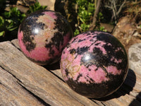 Polished Pink & Black Rhodonite Spheres x 3 From Madagascar