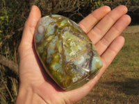 Polished Trio Of Uniquely Brecciated Green Opal Standing Free Forms  x 3 From Antsirabe, Madagascar - TopRock