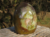 Polished Trio Of Uniquely Brecciated Green Opal Standing Free Forms  x 3 From Antsirabe, Madagascar - TopRock