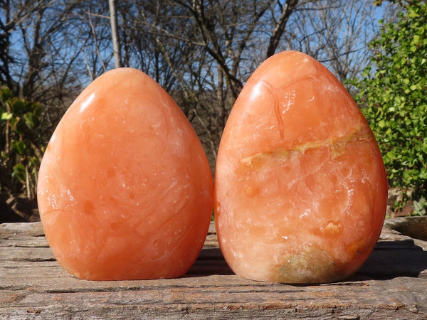 Polished Orange Twist Calcite Standing Free Forms x 2 From Maevantanana, Madagascar