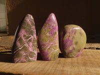 Polished  Stichtite & Serpentine Standing Free Forms With Silky Purple Threads x 3 From Barberton, South Africa