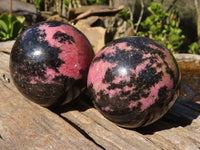 Polished  Pink & Black Rhodonite Spheres x 2 From Madagascar