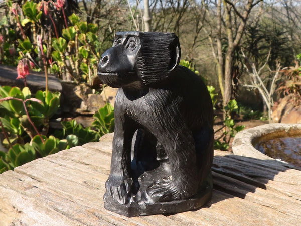 Polished  Black Soapstone Baboon Carving x 1 From Zimbabwe