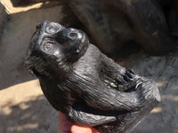 Polished  Black Soapstone Baboon Carving x 1 From Zimbabwe