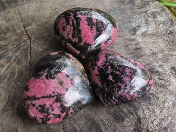 Polished Pink & Black Rhodonite Hearts  x 3 From Ambindavato, Madagascar - TopRock